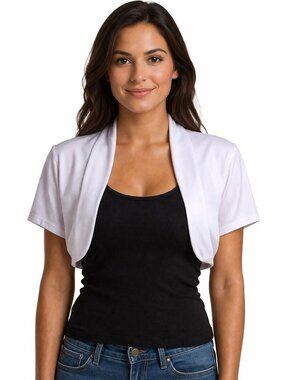 White Fitted Bolero Shrug Cropped Jacket Top w Open Front Size XL B38 - Hey Viv